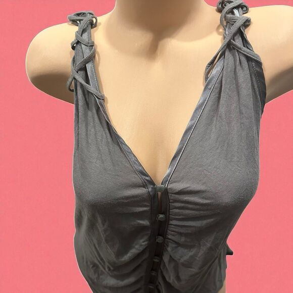 Old Navy Gray Large Button Front Ruched Tank Top Bow Tie Strap Y2K Boho Indie - Picture 5 of 8